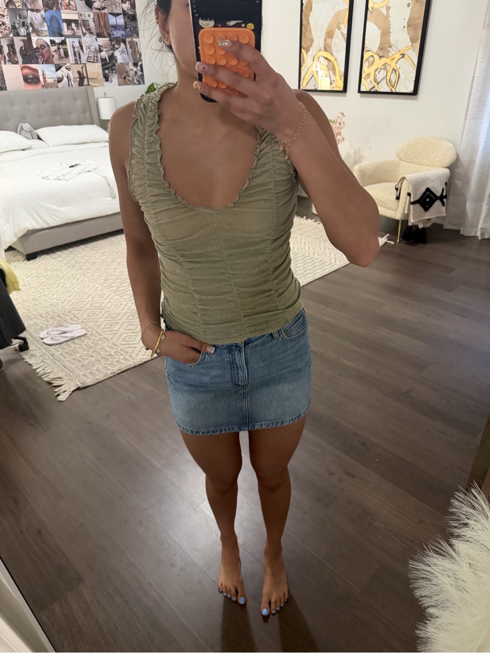 Urban Outfitters Olive Ruched Tank with Ruffled Straps - Picture 2 of 2